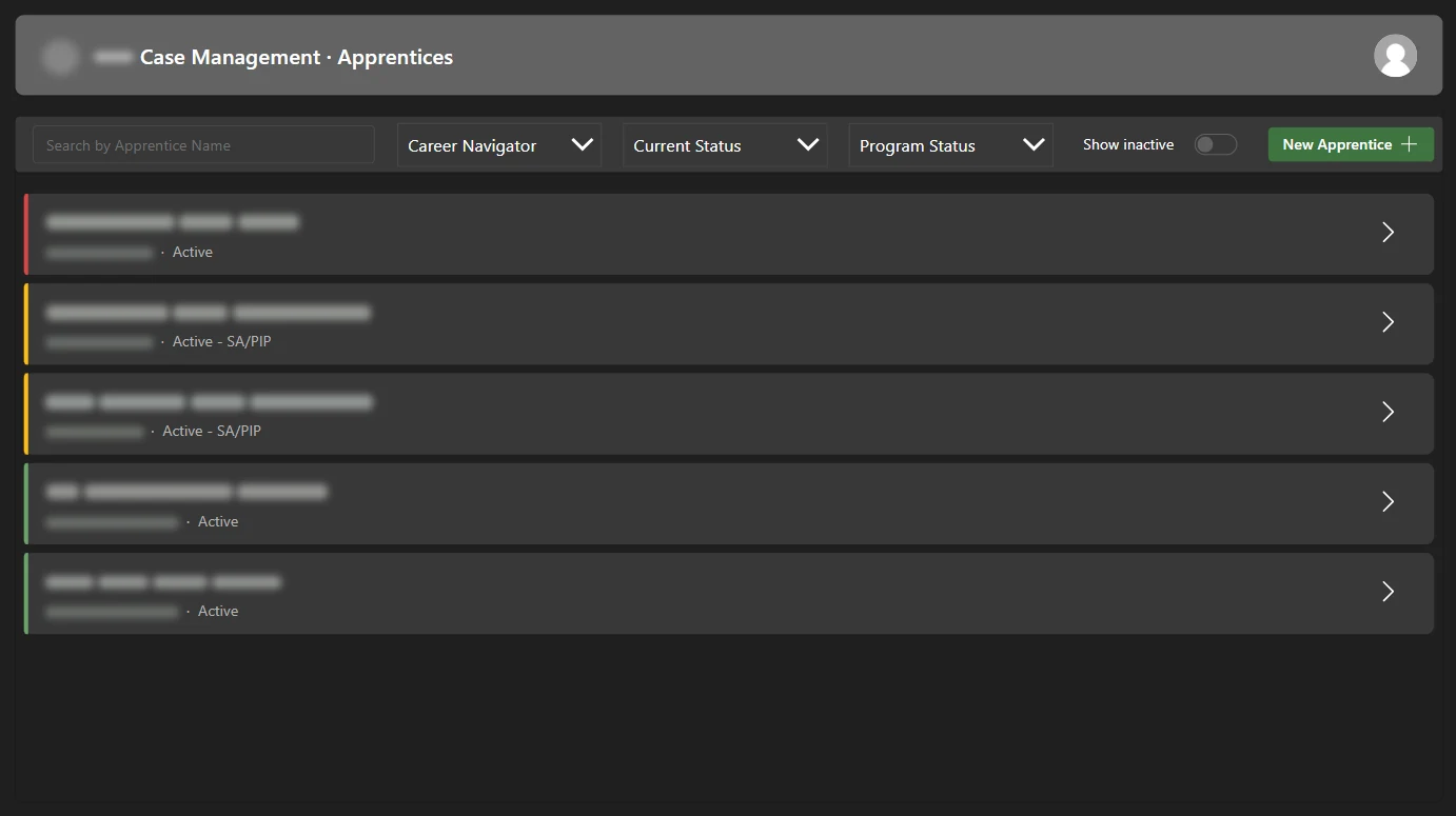 Apprentice roster with search, navigator and status filters, and red, yellow, and green status bars