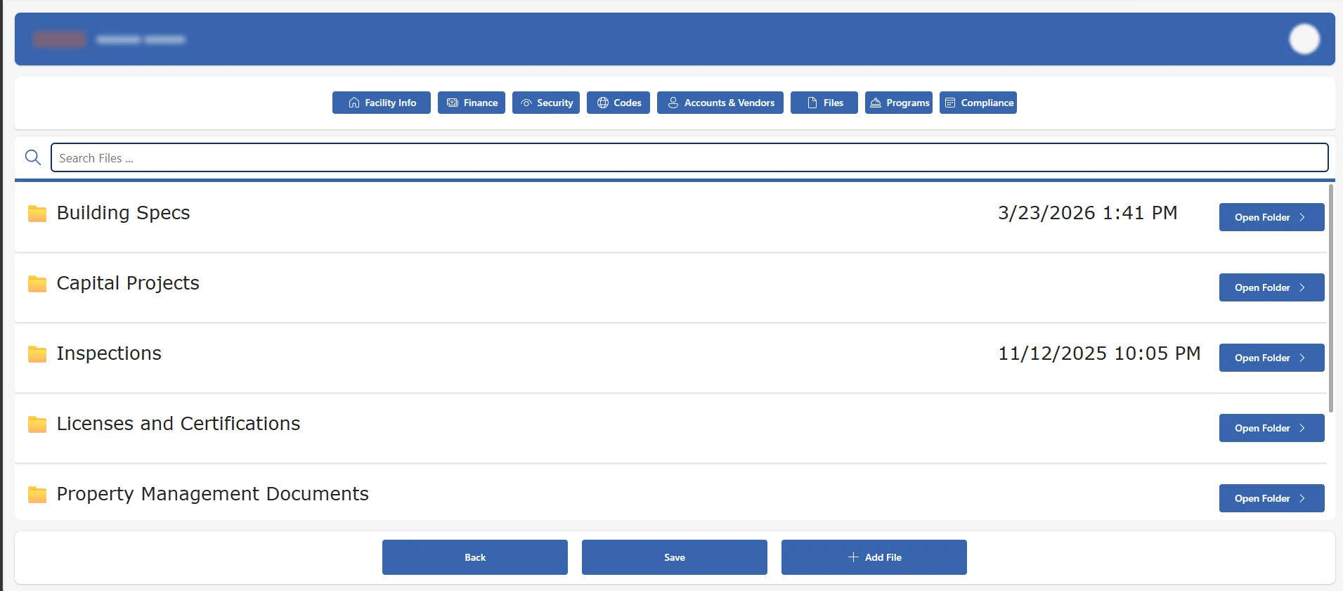 Facility page with eight tabs, showing the Files tab with document folders