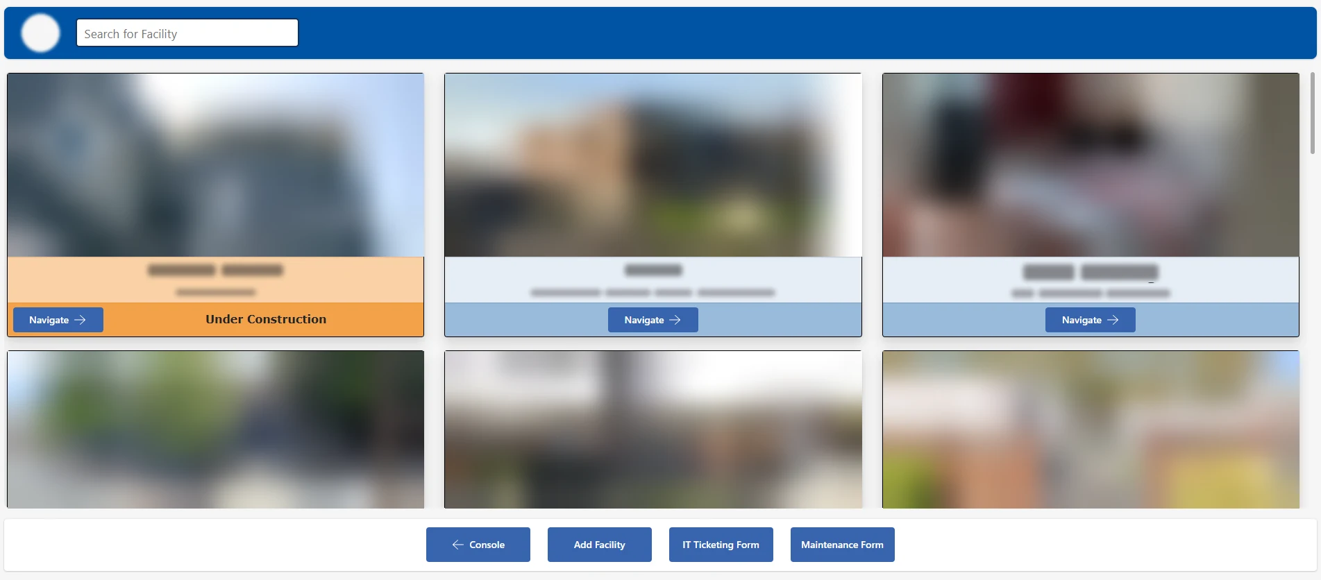 Facility gallery with search, photo cards, and links to the console, IT ticketing form, and maintenance form